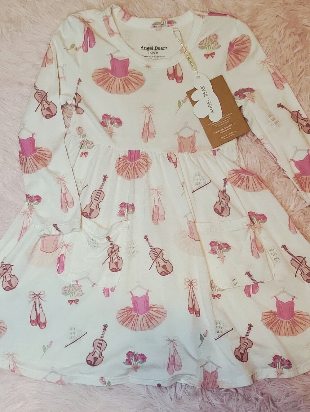 NWT Angel Dear Pink Ballerina & Violin Flowy Bamboo Dress w Pockets.18-24 Months